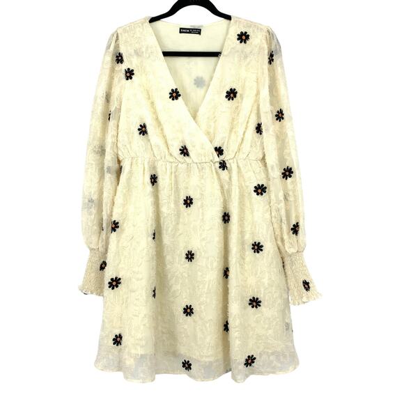 Shein A-Line Long Sleeve Dress Womens Size Large Cream Floral Print Textured - Picture 1 of 6